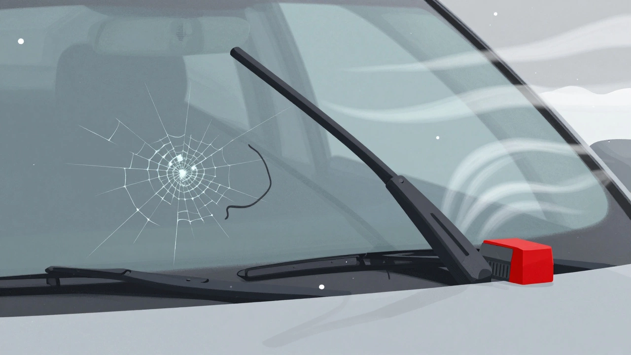 Bent wiper arm and cracked windshield caused by wiper being lifted and swung back by wind.