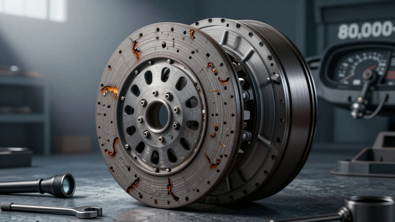 Cross-section of a damaged clutch assembly with charring disc, warped pressure plate, and glazed flywheel.