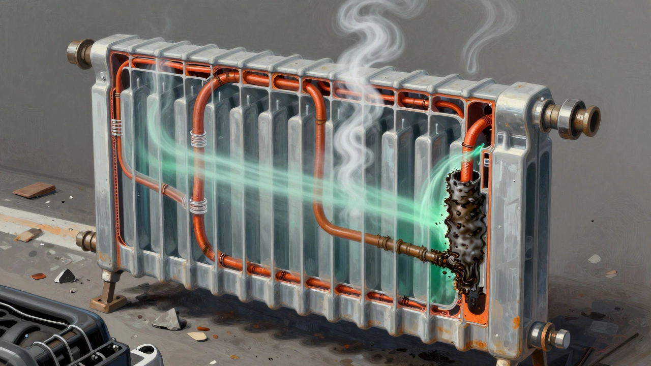 Cross-section of a radiator showing clogged coolant tubes and steam leaking from damage