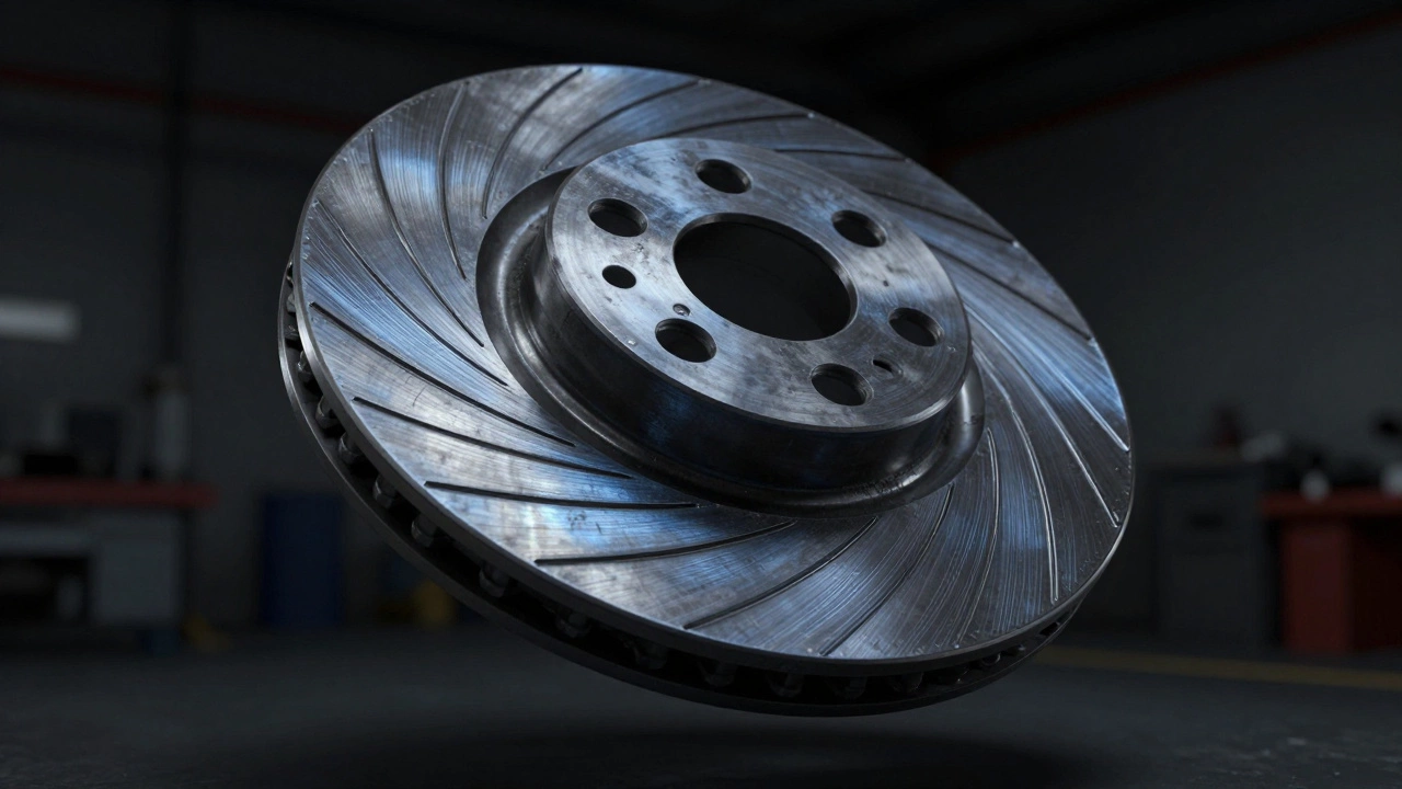 Damaged brake rotor with deep scoring grooves and heat discoloration.
