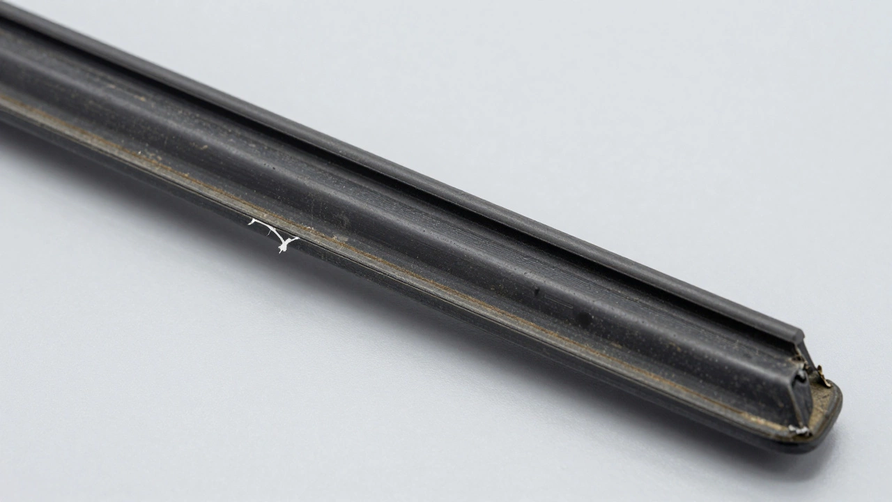 Damaged wiper blade with torn rubber fringing