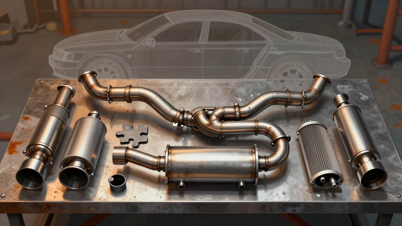 Full exhaust system components arranged neatly on a workbench with headers, muffler, and hangers visible.