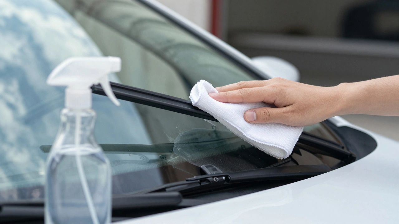 Hand wiping car wiper blade with microfiber cloth