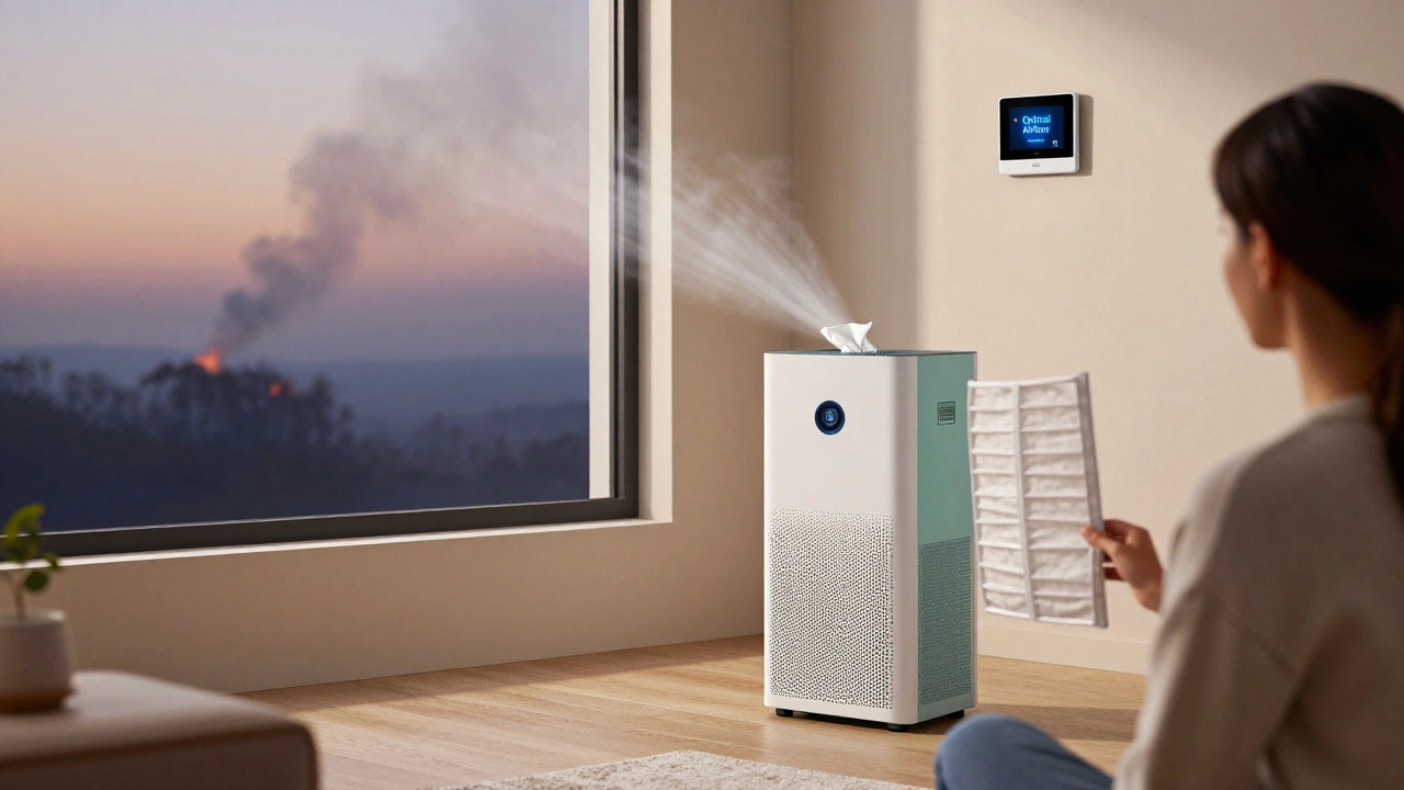 Homeowner holding a MERV 11 filter next to a portable air purifier, with a gently fluttering tissue confirming healthy airflow.