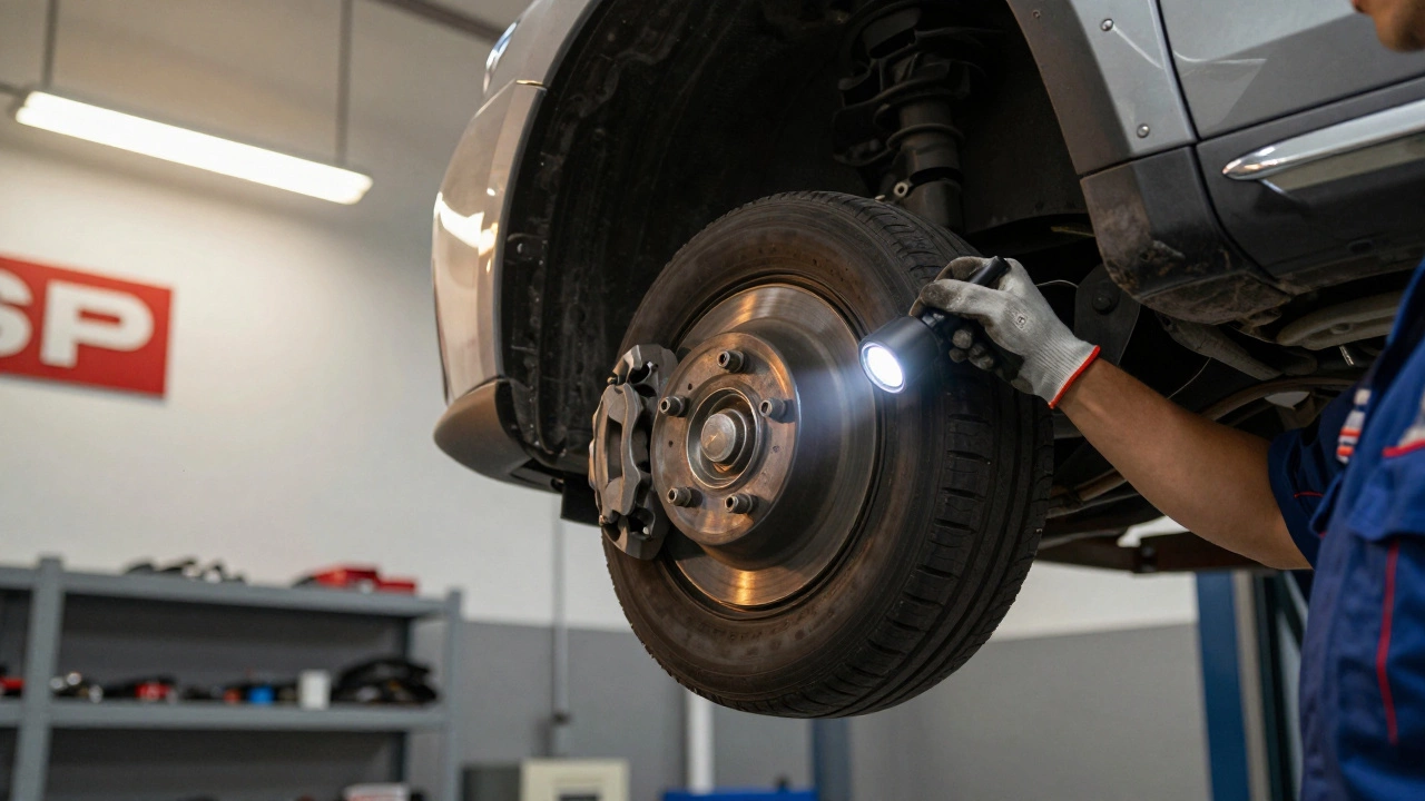 Mechanic inspecting car brakes with flashlight in a repair shop.