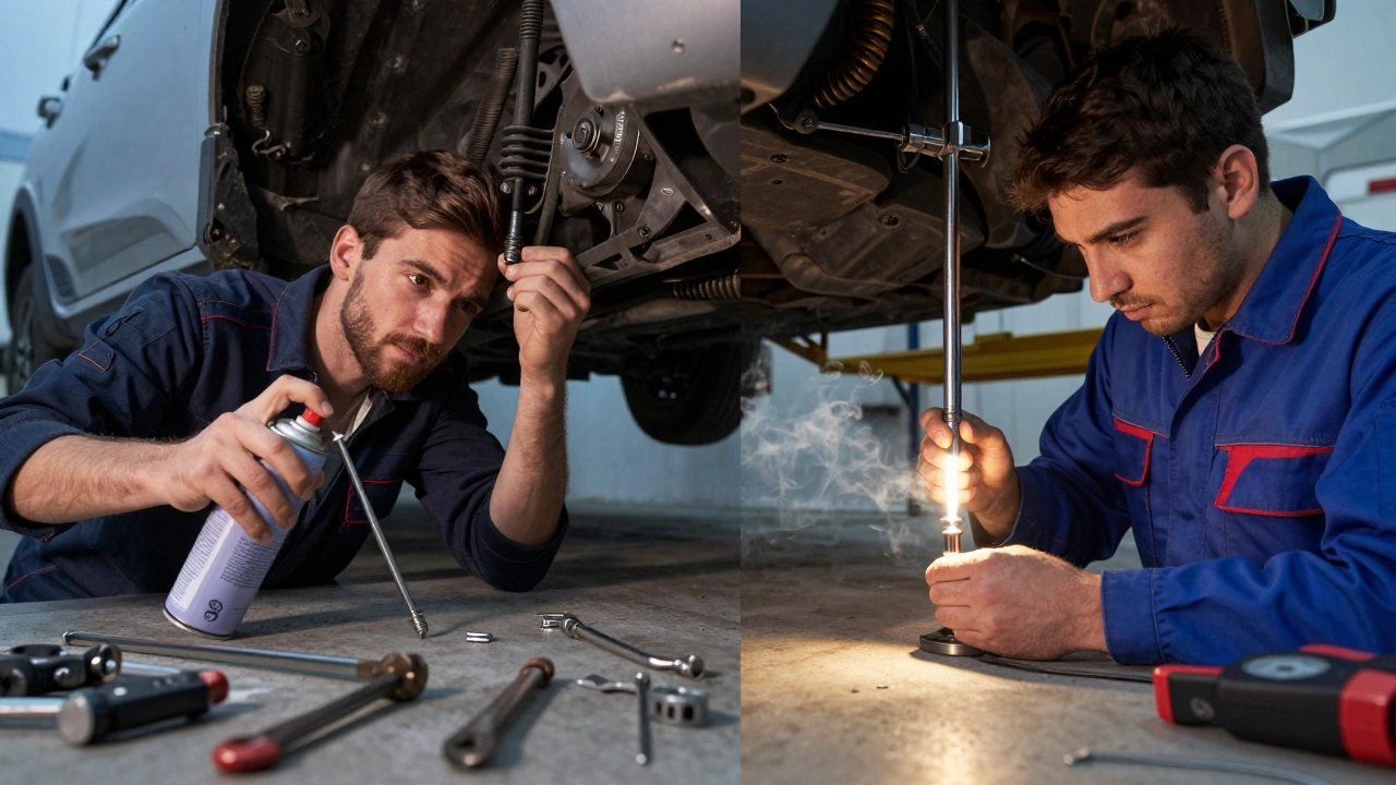 Side-by-side comparison of DIY exhaust installation struggle versus professional installation with torque wrench.