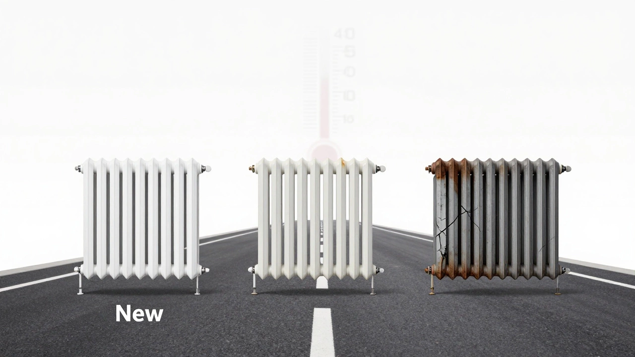 Three radiators in a timeline showing wear from new to severely corroded, symbolizing mileage