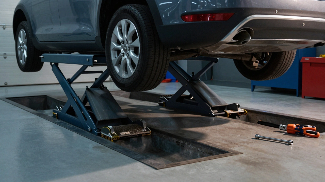 Vehicle secured on jack stands during repair