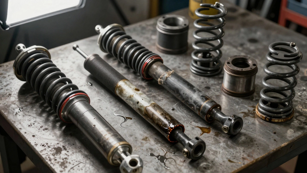Worn shock absorbers and bushings on workbench