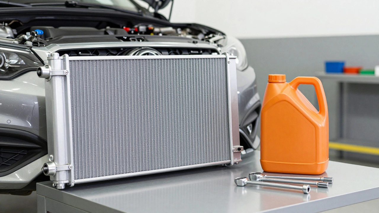 A new aluminum radiator being installed in a car during a professional repair in a workshop