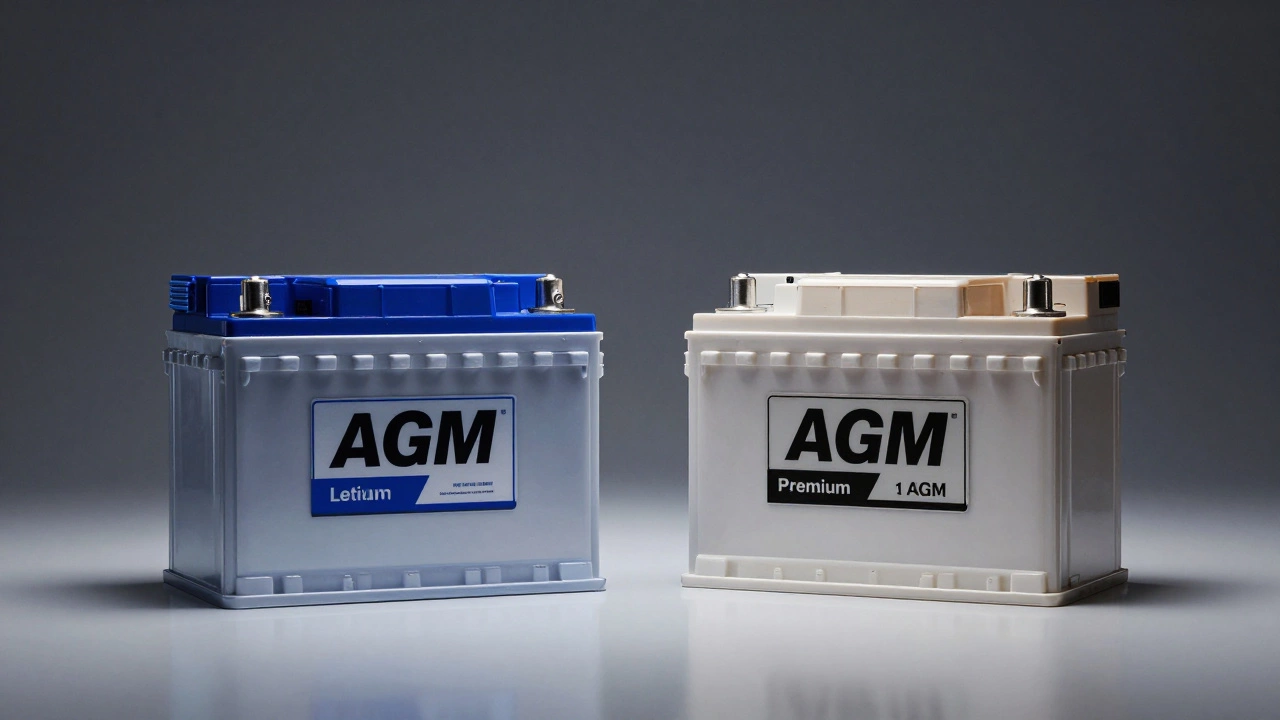 A side-by-side comparison of a standard car battery and a premium AGM battery.
