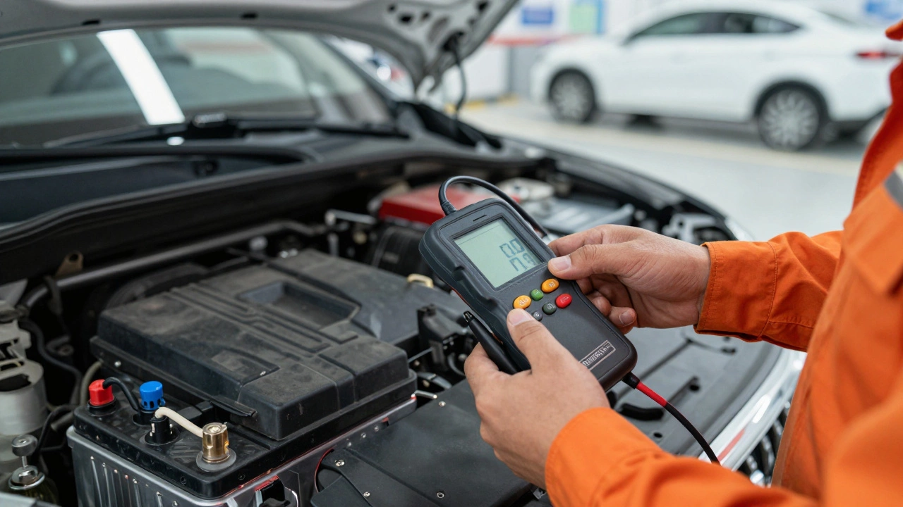 A technician using a handheld device to test a car battery under the hood.