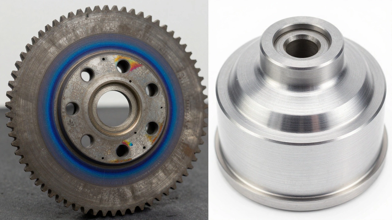 Comparison between a worn flywheel with blue heat spots and a smooth, resurfaced flywheel.