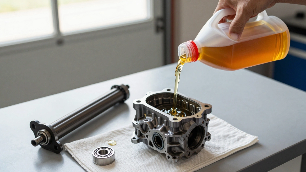 Fresh transmission fluid being poured into a gearbox next to a new slave cylinder and pilot bearing.