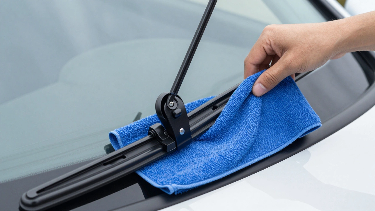 Hand installing a new wiper blade with a protective towel on the glass