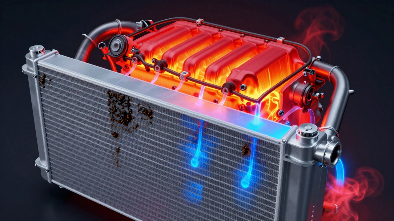 Thermal 3D render of an overheating car engine showing a clogged radiator and extreme heat