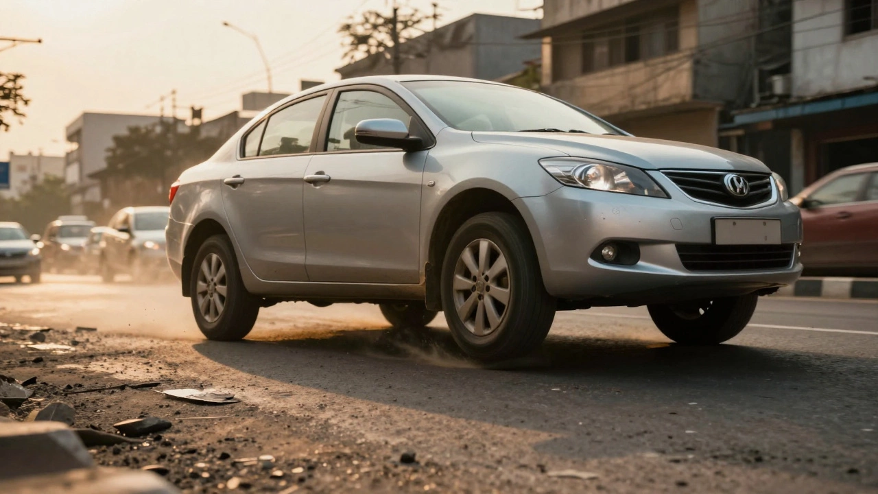 Car bouncing on rough road with uneven tire wear