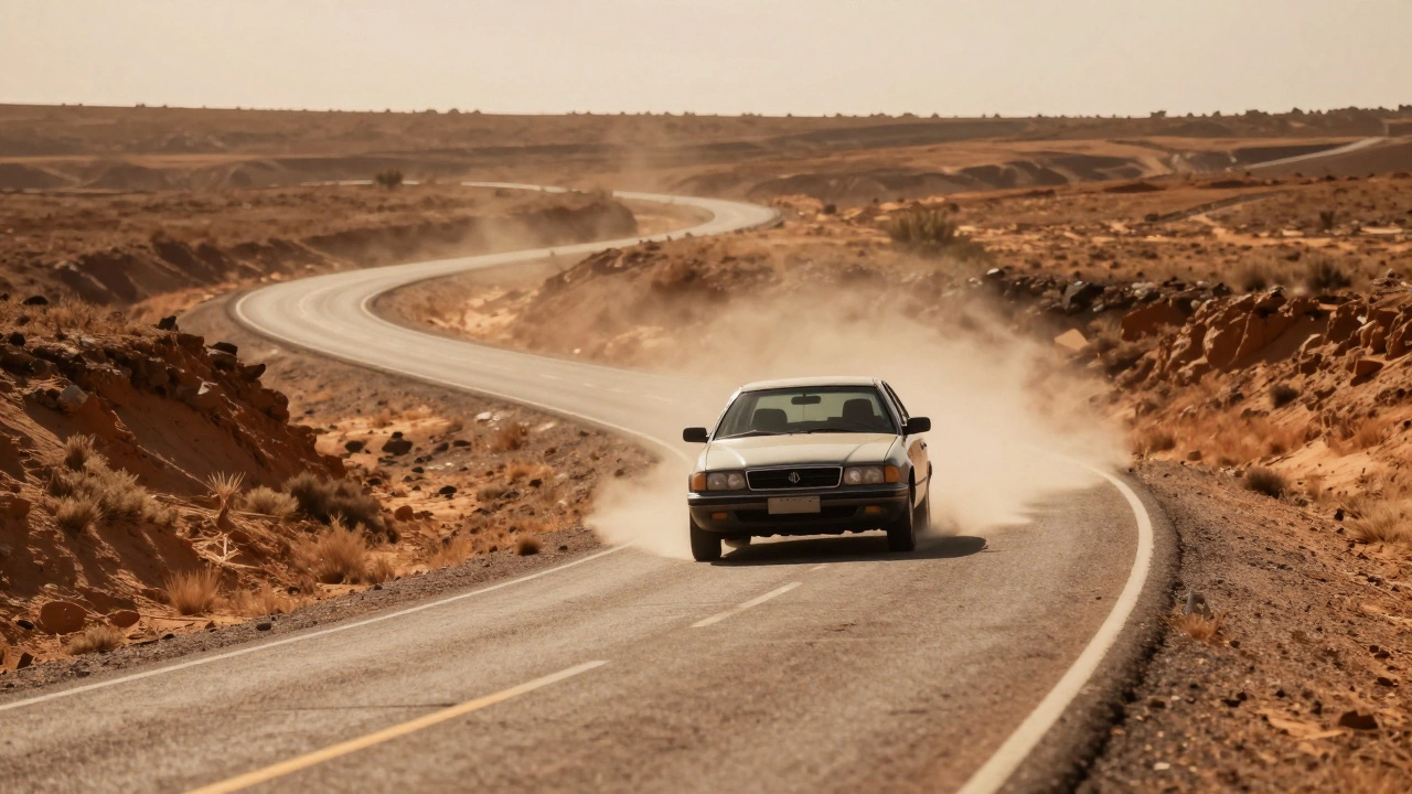 Car driving on a dusty road under intense hot sun
