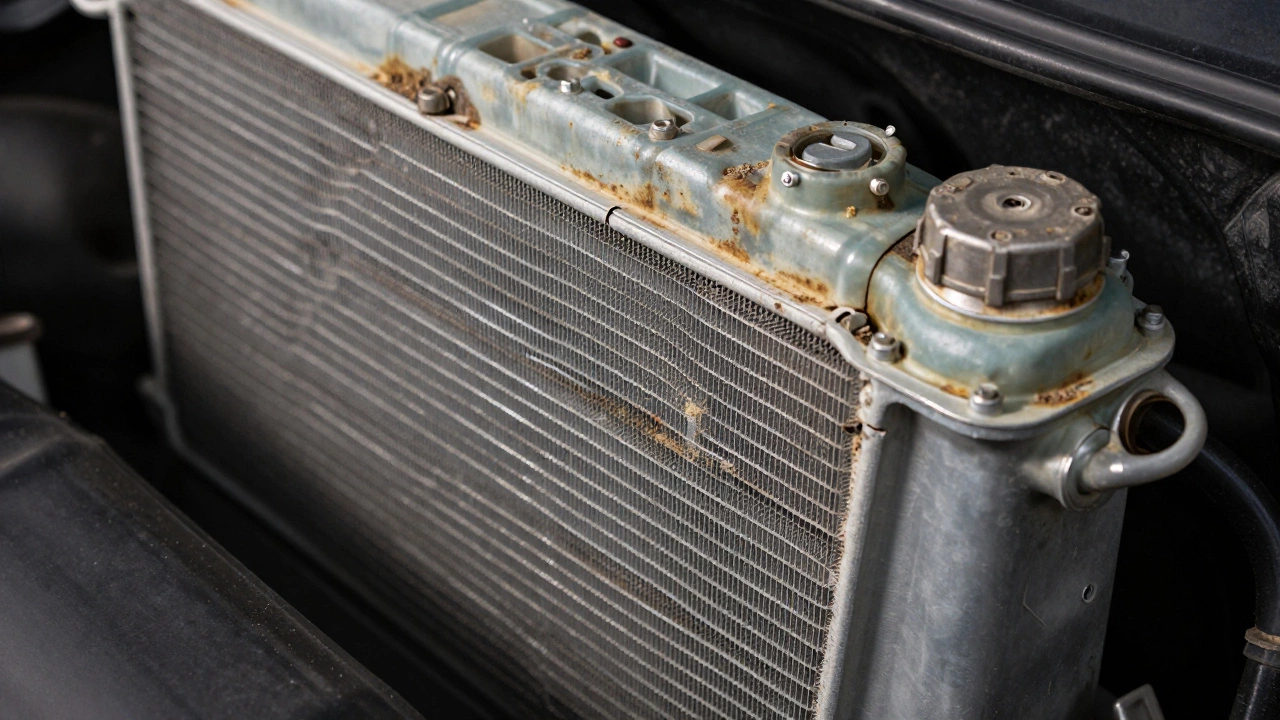 Close-up of damaged car radiator fins and cracked hose with corrosion