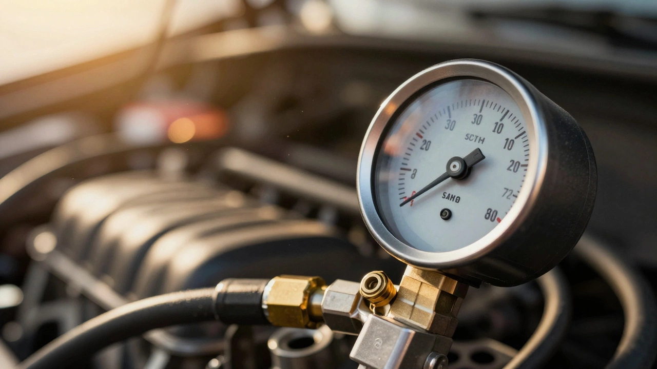 Close-up of fuel pressure gauge showing low pressure on engine rail