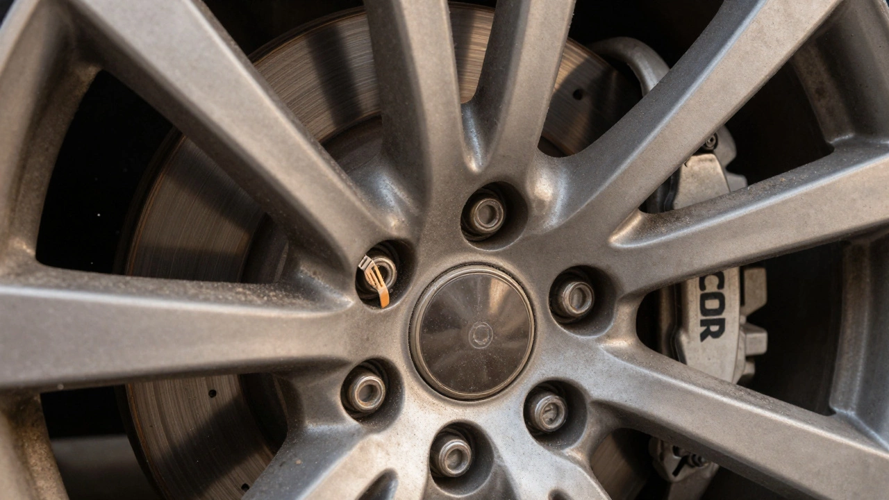 Close-up view of brake rotor and caliper through wheel spokes.