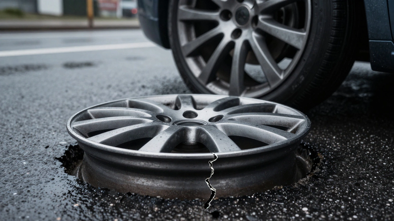 Cracked alloy rim on wet road next to a bent steel wheel