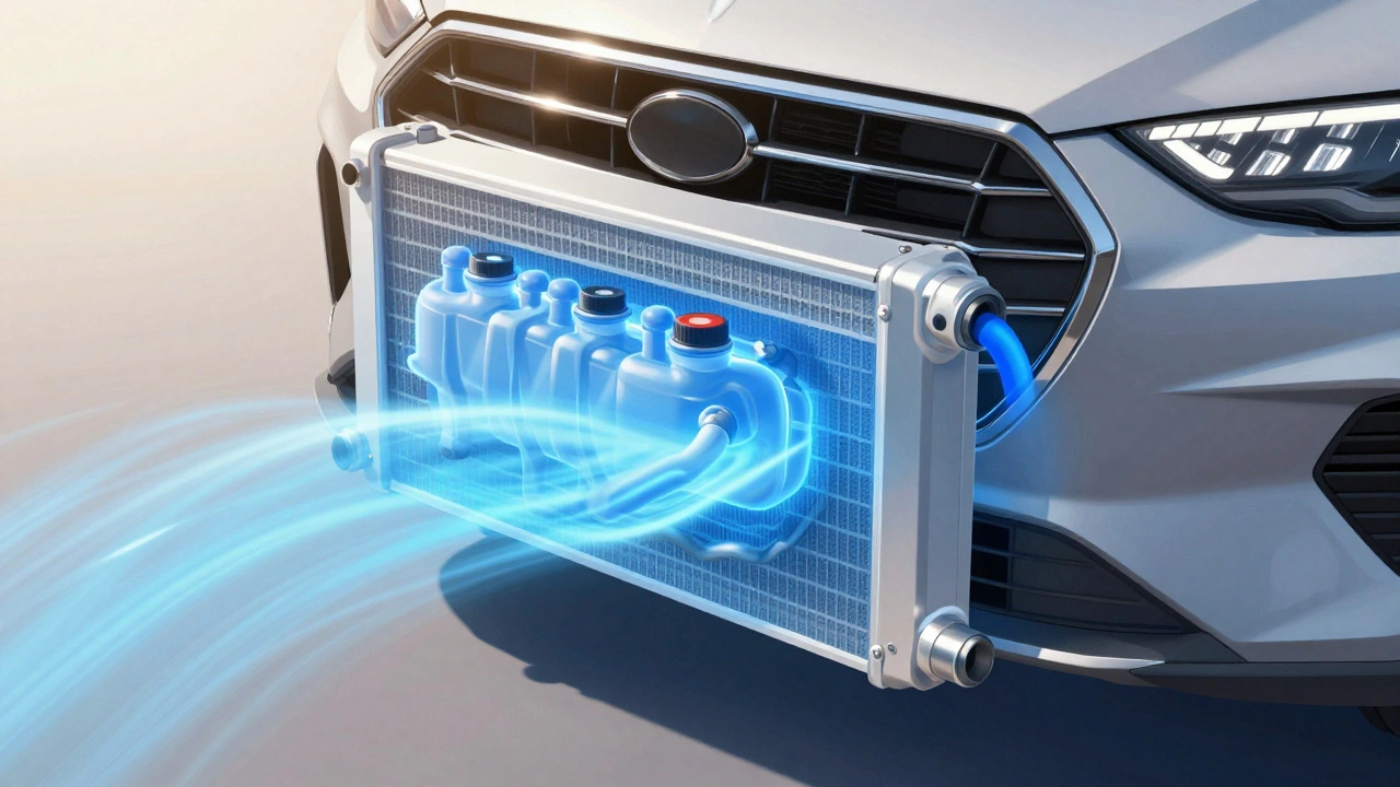 Cutaway illustration showing coolant flow and heat exchange in a car radiator