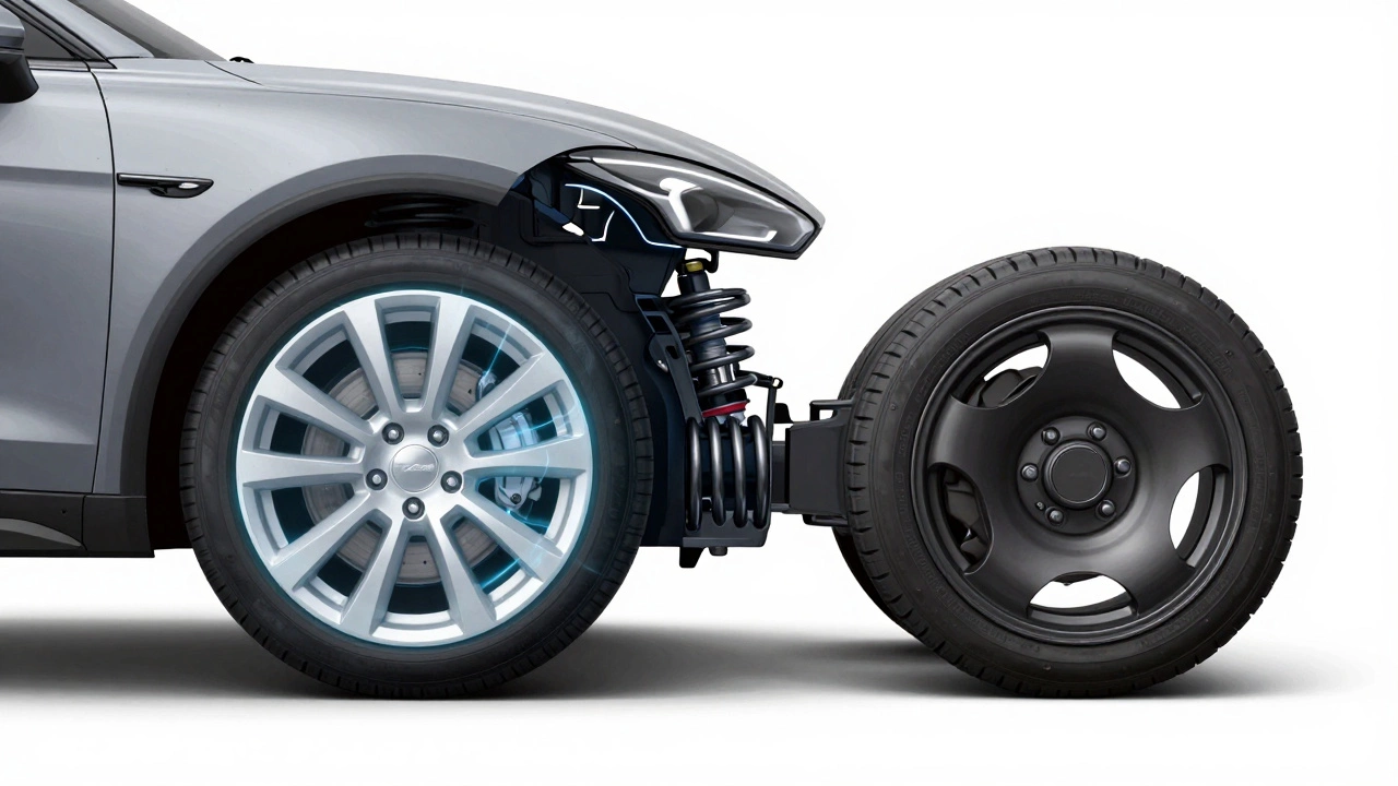 Illustration comparing lightweight alloy vs heavy steel wheel suspension
