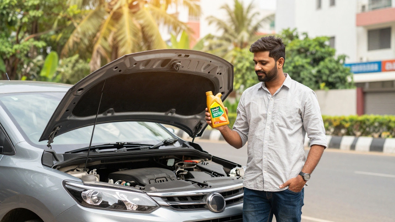 Indian driver holding synthetic oil bottle next to a modern car on a sunny day