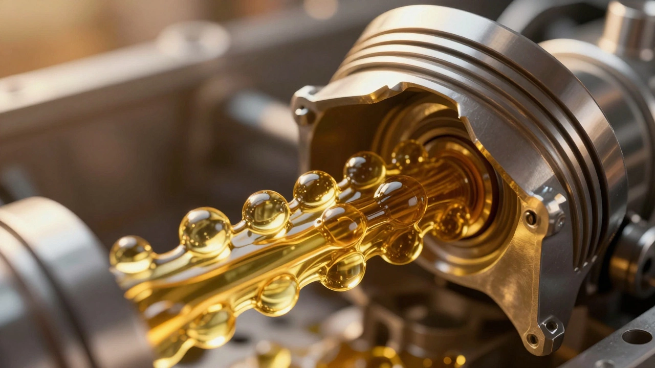 Macro view of synthetic oil molecules protecting an engine piston from friction