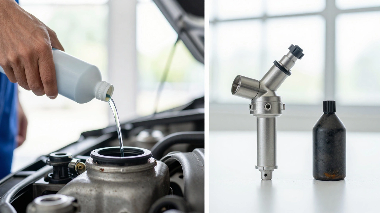 Mechanic adding fuel cleaner and comparing clean vs dirty injectors