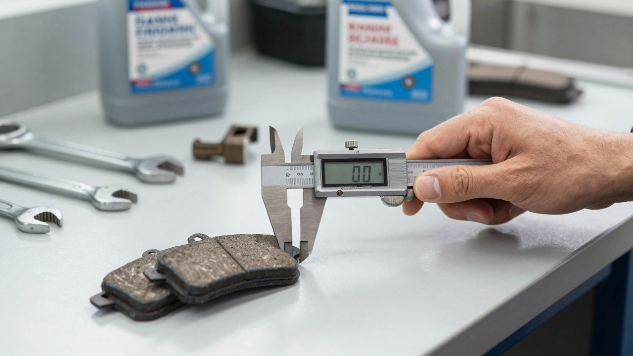 Mechanic measuring brake pad thickness with digital calipers.
