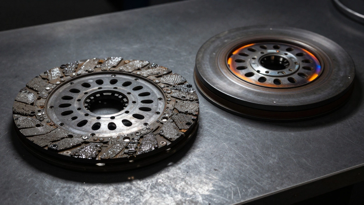 Worn clutch disc and warped flywheel on a mechanic's workbench