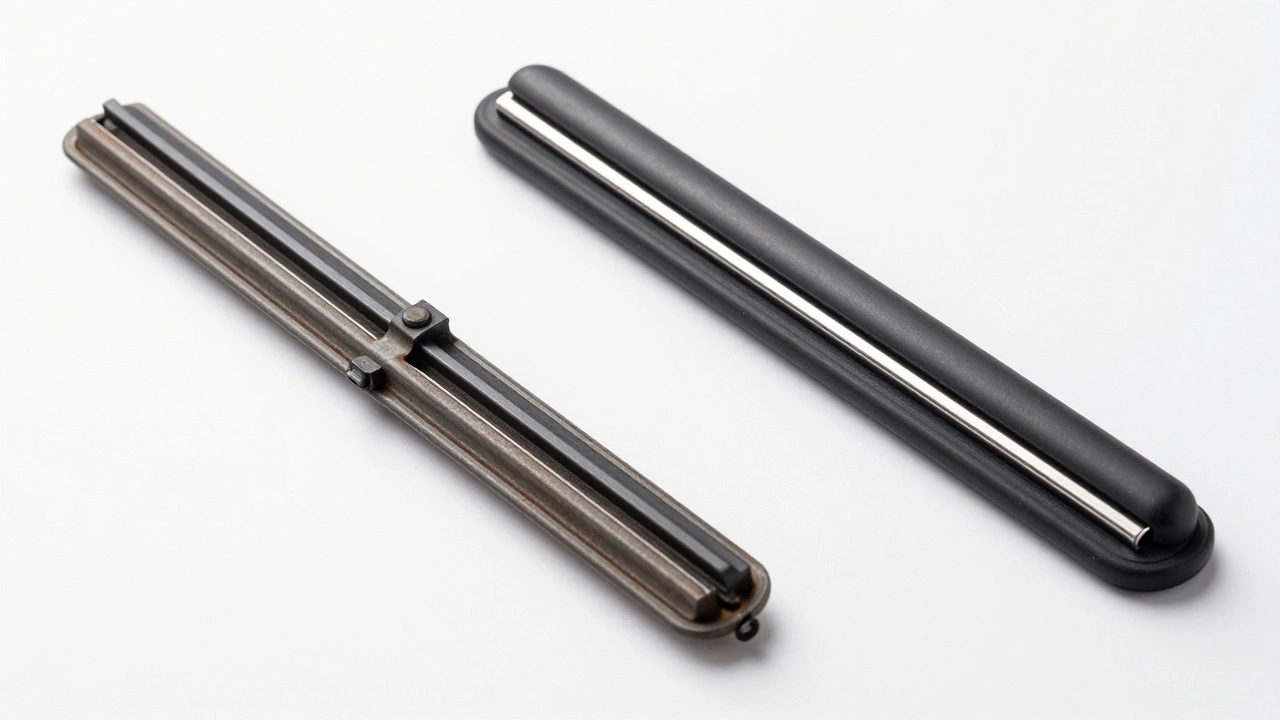 Comparison of old framed wiper blade vs modern beam style blade