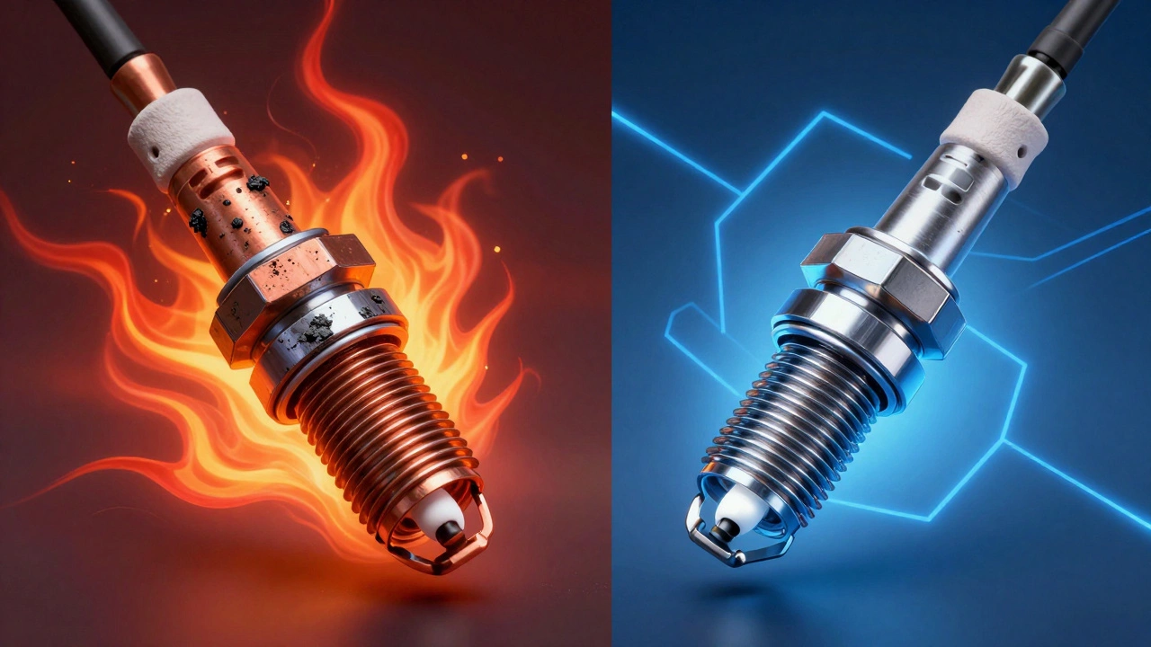 Comparison of worn copper plug vs fresh iridium plug