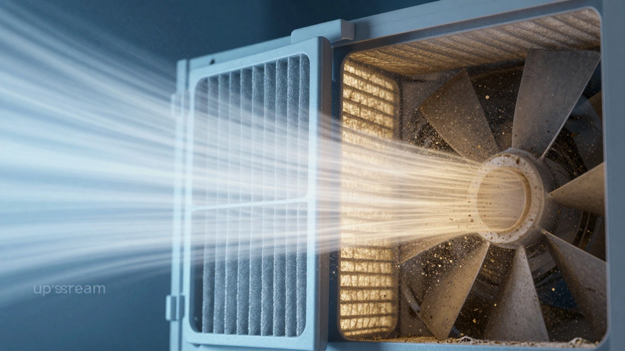 Diagrammatic view of air particles trapped by a filter mesh in a duct