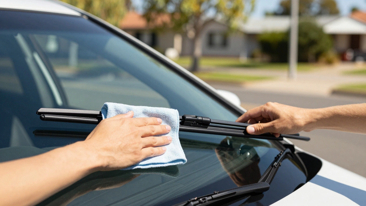 Hands installing new wiper blades and cleaning windshield in sunlight