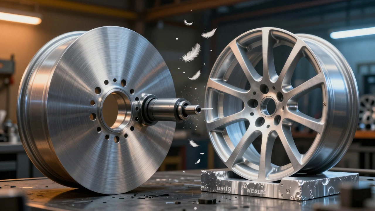 Illustration showing weight difference between forged alloy and stamped steel wheels.