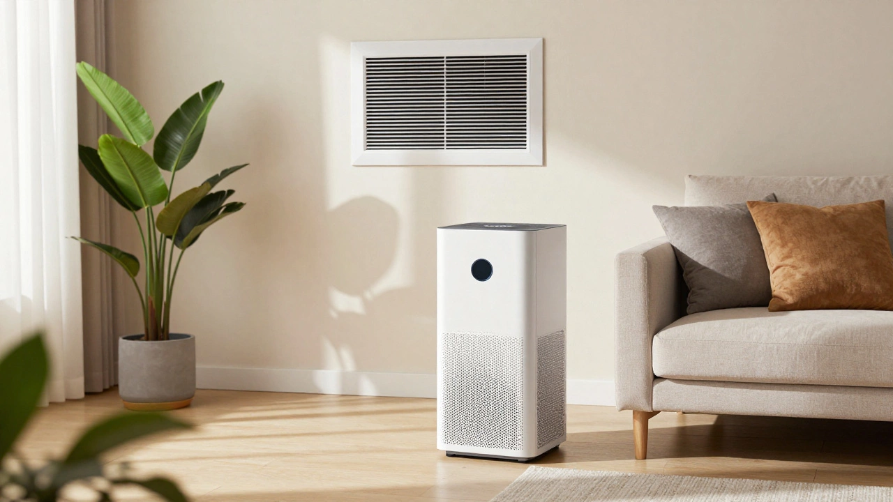 Living room with a portable air purifier and a wall return air vent