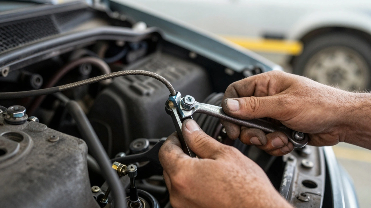 Mechanic adjusting clutch cable tension near car firewall