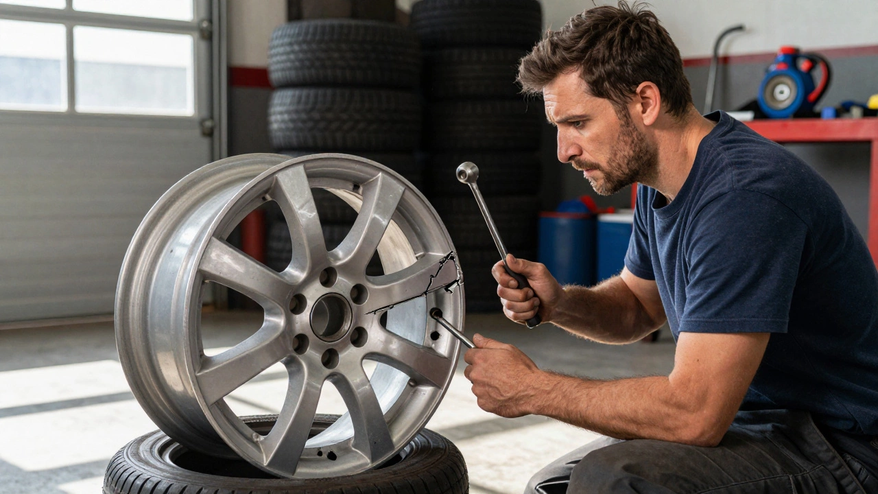 Mechanic inspecting a cracked alloy wheel versus a bent steel wheel in a garage.