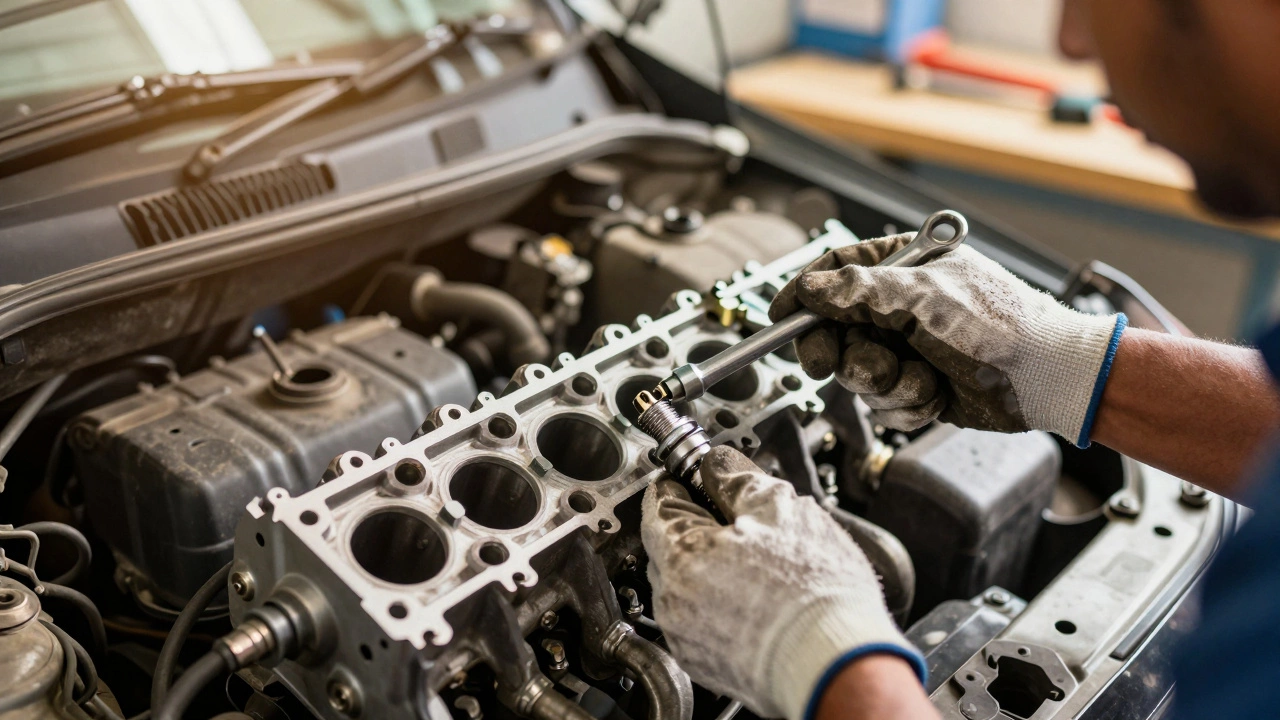 Mechanic inspecting spark plug in a sunlit garage
