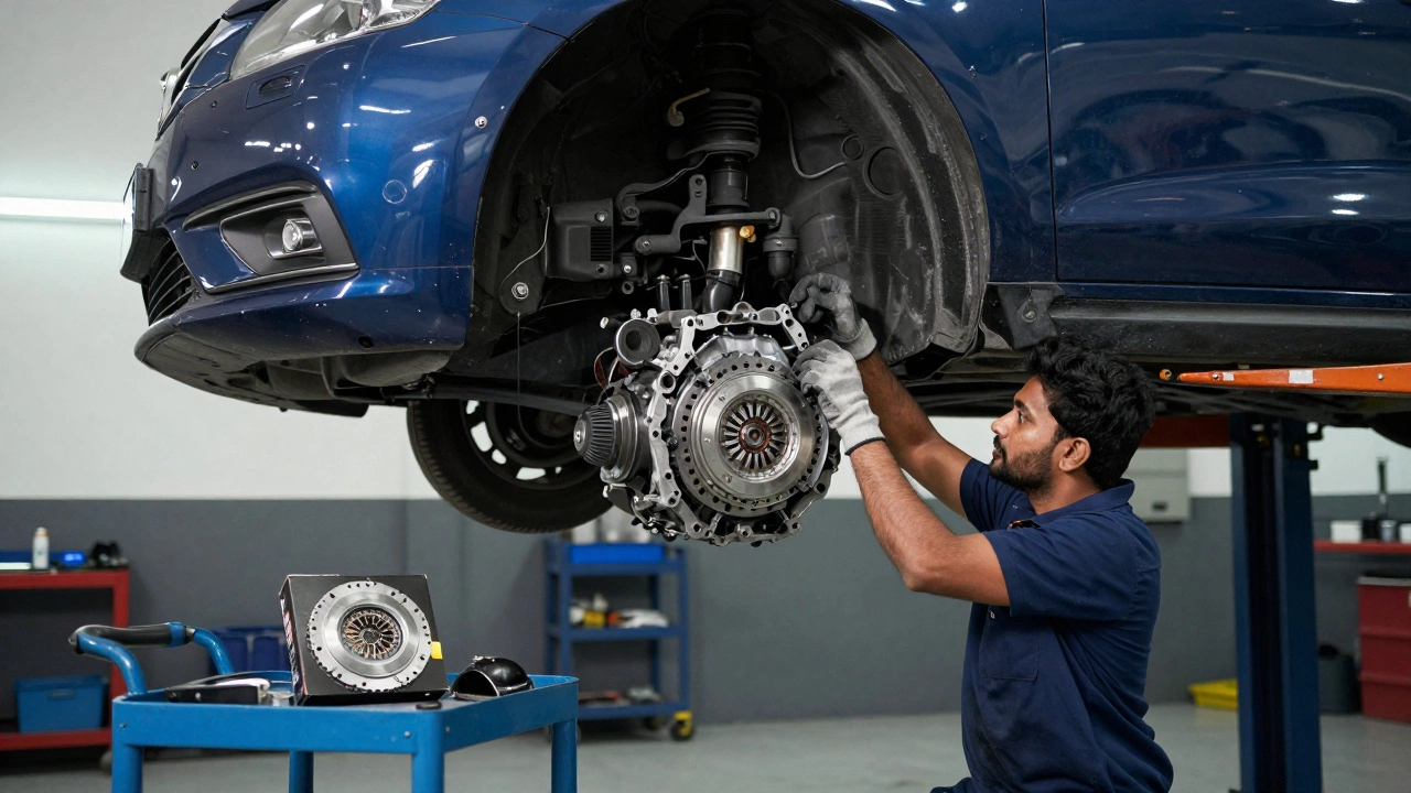 Mechanic replacing a clutch kit under a lifted car in a garage