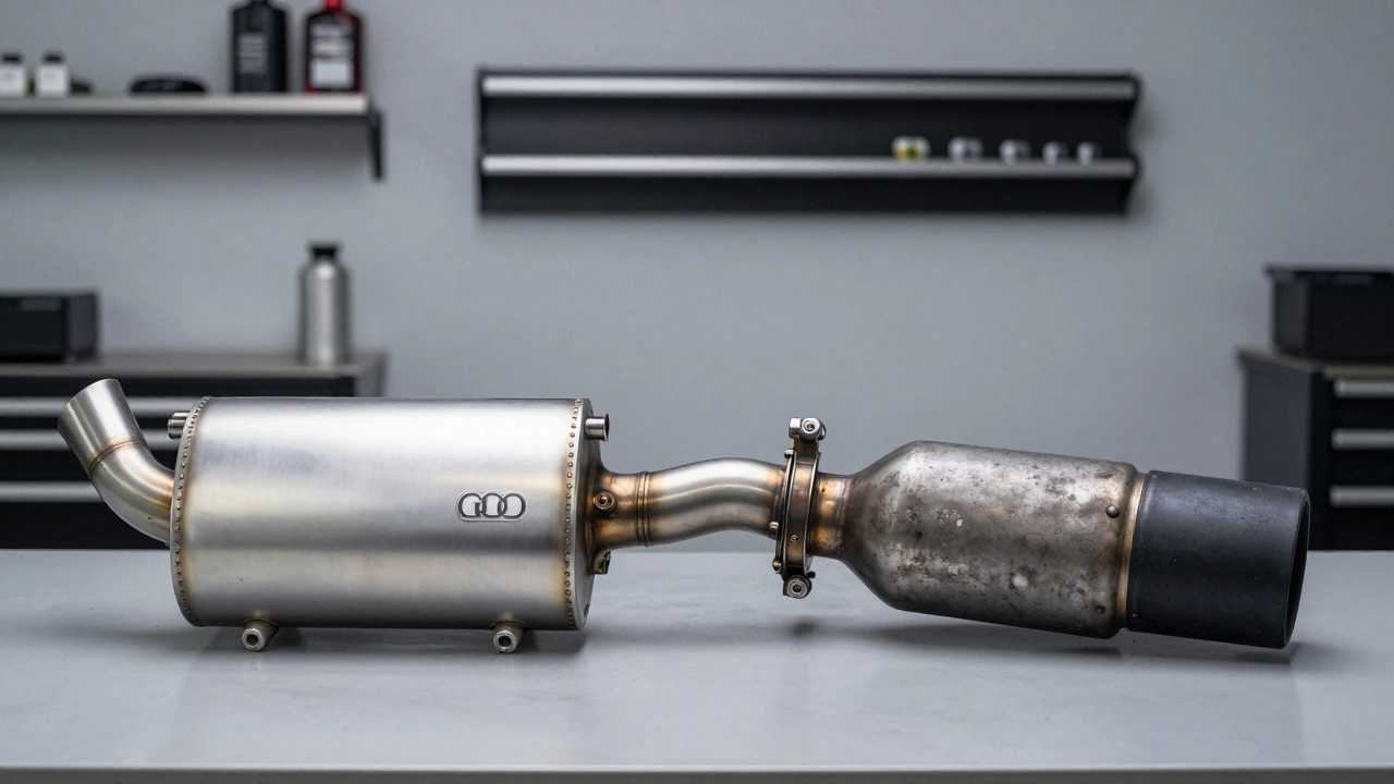Side-by-side comparison of OEM and aftermarket mufflers