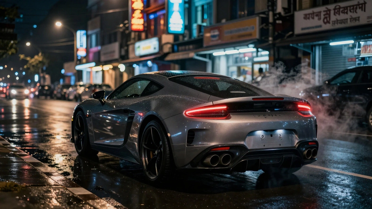 Sports car exhaust steaming on wet Indian street at night