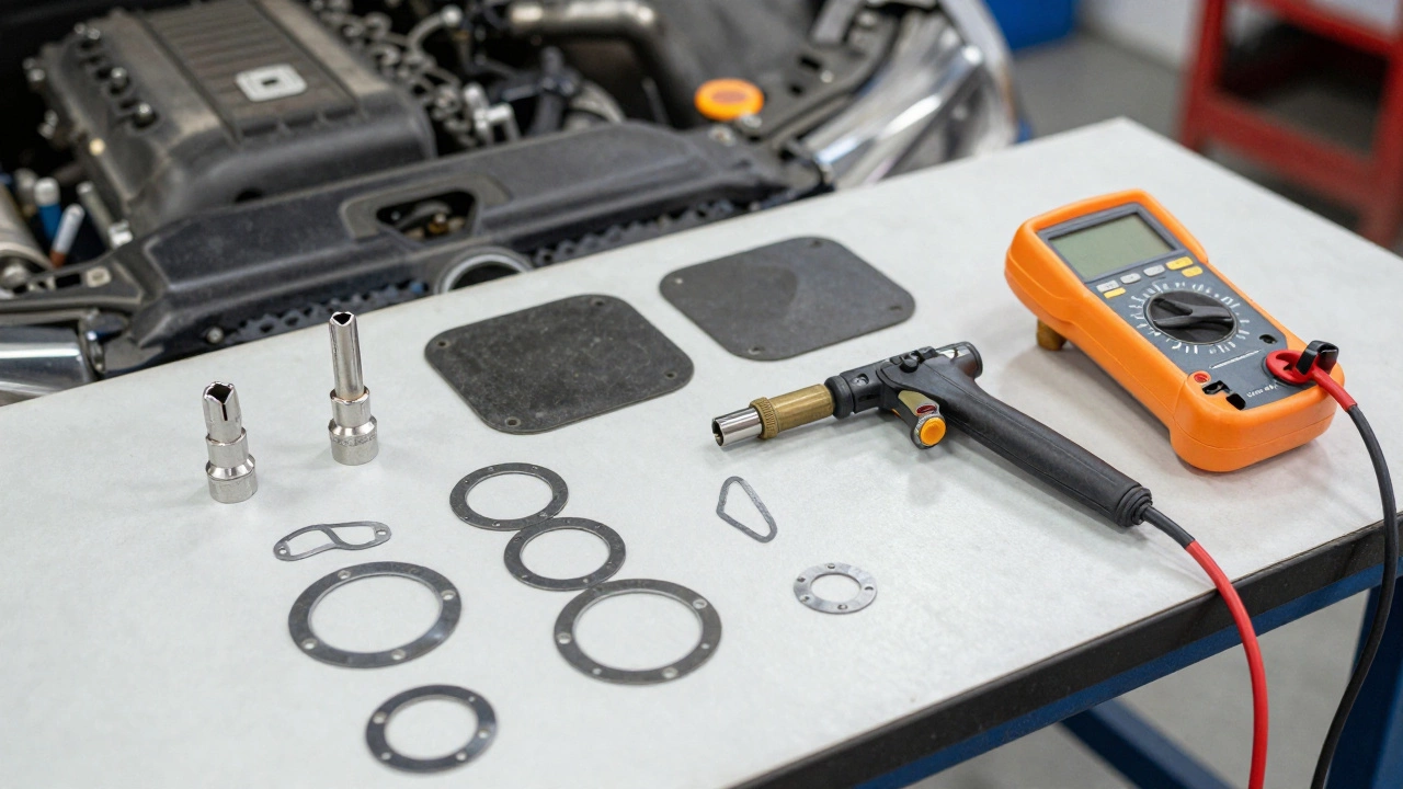 Workbench with exhaust repair tools and oxygen sensor