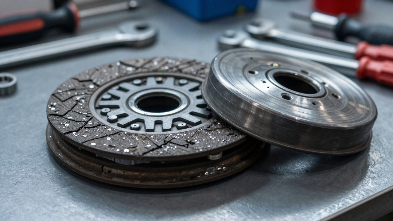 Worn clutch disc next to new parts on a mechanic's workbench