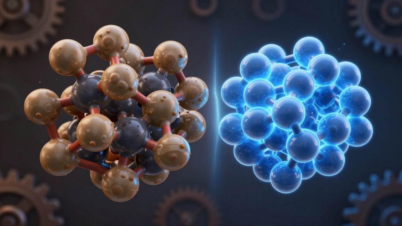 3D visualization contrasting chaotic conventional oil with uniform synthetic molecules