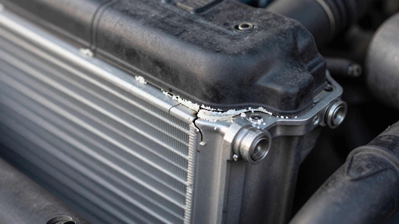 Close-up of cracked radiator plastic seam with white residue
