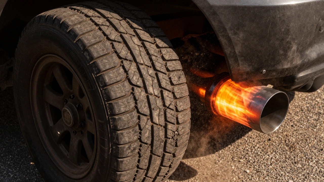 Cupped tires and hot exhaust showing engine strain
